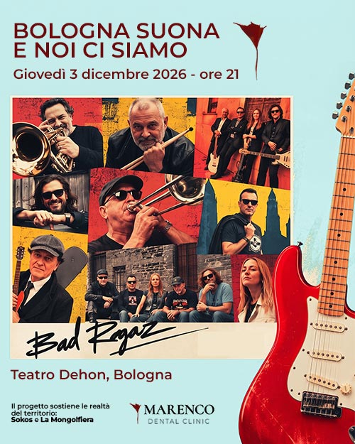 Flyer del concerto Bad Ragaz al Teatro Dehon di Bologna, 3 dicembre 2026, sostenuto da Marenco Dental Clinic.